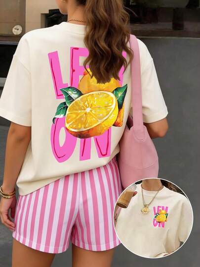 Bộ đồ nữ cỡ lớn mùa hè thường ngày in chữ và họa tiết chanh, áo tay ngắn và quần short kẻ sọc.