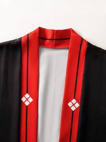 Japanese Style Red Cherry Blossom & Blue Wave Print 3/4 Sleeve Robe, Retro Loose Fit Sunscreen Cardigan, Men's Kimono Jacket - Black - View 5