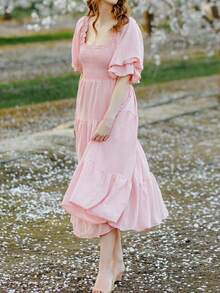Bohemia Women's Off Shoulder Maxi Dress  Ruffle Dress - Matching Family Outfits - Yellow Smocked Tiered Dresses For Summer - Pink - View 9