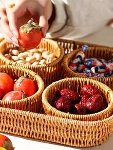 1 pieza Bandeja ovalada tejida a mano de ratán, plato portátil de estilo japonés para postres y frutas, cesta de almacenamiento, adecuada para almacenamiento, decoración, decoración rústica del hogar, maceta, portavelas, accesorios navideños, suministros para fiestas de cumpleaños, regalo de cumpleaños - Marrón moca-con asa - Ver 8
