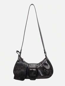 一套复古简约单肩包和腋下包，时尚机车风斜挎包，女士 - 黑色 - 查看 1