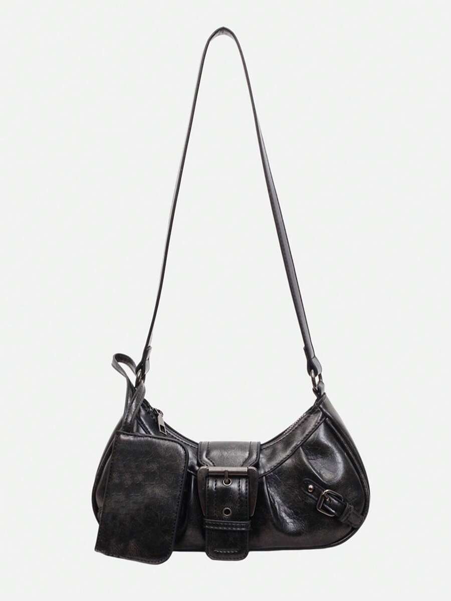 一套复古简约单肩包和腋下包，时尚机车风斜挎包，女士 - 黑色 - 查看 1