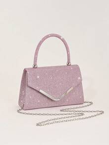 REMANLAND Sweet And Edgy Pink Clutch With Glitter Texture, V-Shaped Metal Trim And Top Handle, Combining A Bold Glitter Finish With A Sleek Silver V-Shaped Metal Trim And Modern Top Handle. Stands Out At Parties, Street Style Shoots And Casual Gatherings, Infusing Unique Personalized Into Modern Outfits With Lovely Pink Tone. It Is The Best Gift For Women - Pink - View 7