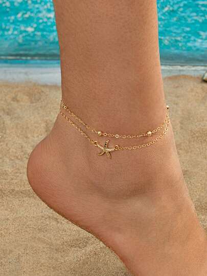 Set de 2 piezas de tobillera de cadena con cuentas de doble capa con forma de estrella de mar dorada, joyería de estilo minimalista de resort de playa adecuada para vacaciones de verano en la playa y uso diario