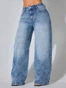 Low-Waist Wide-Leg Casual Blue Jeans With Slant Pockets, Summer Clothing Spring - 深色洗 - 查看 2