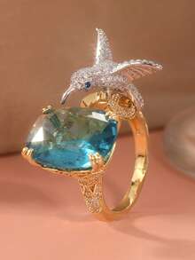 Vintage Elegant 3D Hummingbird Open Ring, Dual-Tone Ring With Synthetic Aquamarine Zirconia Stone, Perfect Gift For Women And Girls - Gold - View 7