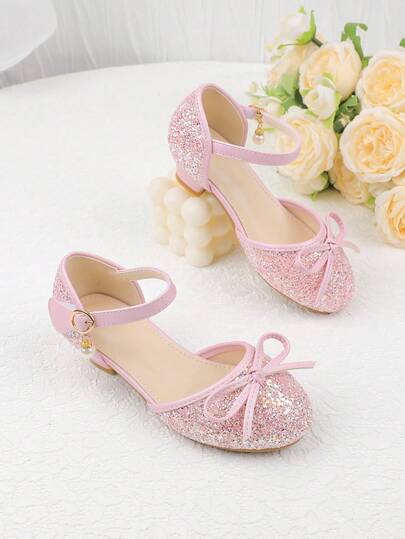 Flower Girl Shoes For Wedding, Party, Holiday, Suitable For Toddler, Little And Big Girls, Classic Comfortable Versatile Shoes With Bow, Pearl Decor, Suitable For Dresses, Performances, Ballet, Princess Style