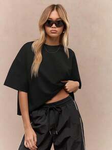 Oversized Heavy T-Shirt Modern Streetwear Essential Boxy Cut Casual Summer Basic Loopback Top Ultra Soft Minimalist Urban Fashion Staple-Unisex Summer Casual Vintage Cotton Printed T-Shirts For Couples - 黑色 - 查看 10