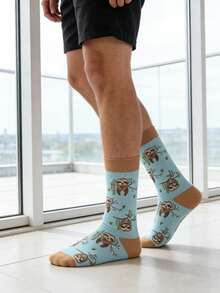 1 双男士浅蓝色和棕色树懒树枝图案休闲中筒袜，四季皆宜。 - 彩色 - 查看 4