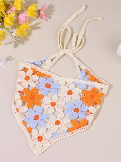 1件雏菊钩针编织头巾，适合女孩，粉彩色三角发带，镂空针织头巾，甜美花卉头巾，节日生日派对头饰，甜美女孩风格针织拍照道具，青少年发饰