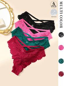 Aofeiqike 4条装女士性感蕾丝交叉绑带丁字裤，透气蕾丝边内裤 - 彩色 - 查看 10