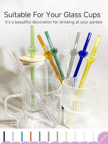 6pcs Heart Shape Glass Straws With 1 Straw Cleaning Brush, 8inch * 8mm Reusable Glass Drinking Straws, Cute Glass Straw For Juice, Coffee, Gift For Mother's Day, Valentine's Day - Multicolor - View 3