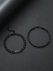 4件套男士黑色钛钢手链套装，链和费加罗链，适合日常佩戴 - 款式A - 查看 8