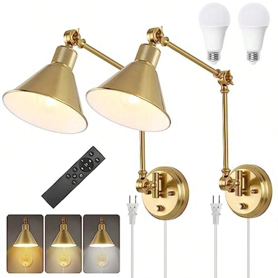 TRLIFE - Aplique de pared con control remoto latón cepillado apliques de pared regulables y ajustables de temperatura de color de 2700 K-6000 K luces de pared con brazo oscilante con cable enchufable certificación UL 2 unidades 2 bombillas - Oro - Ver 1