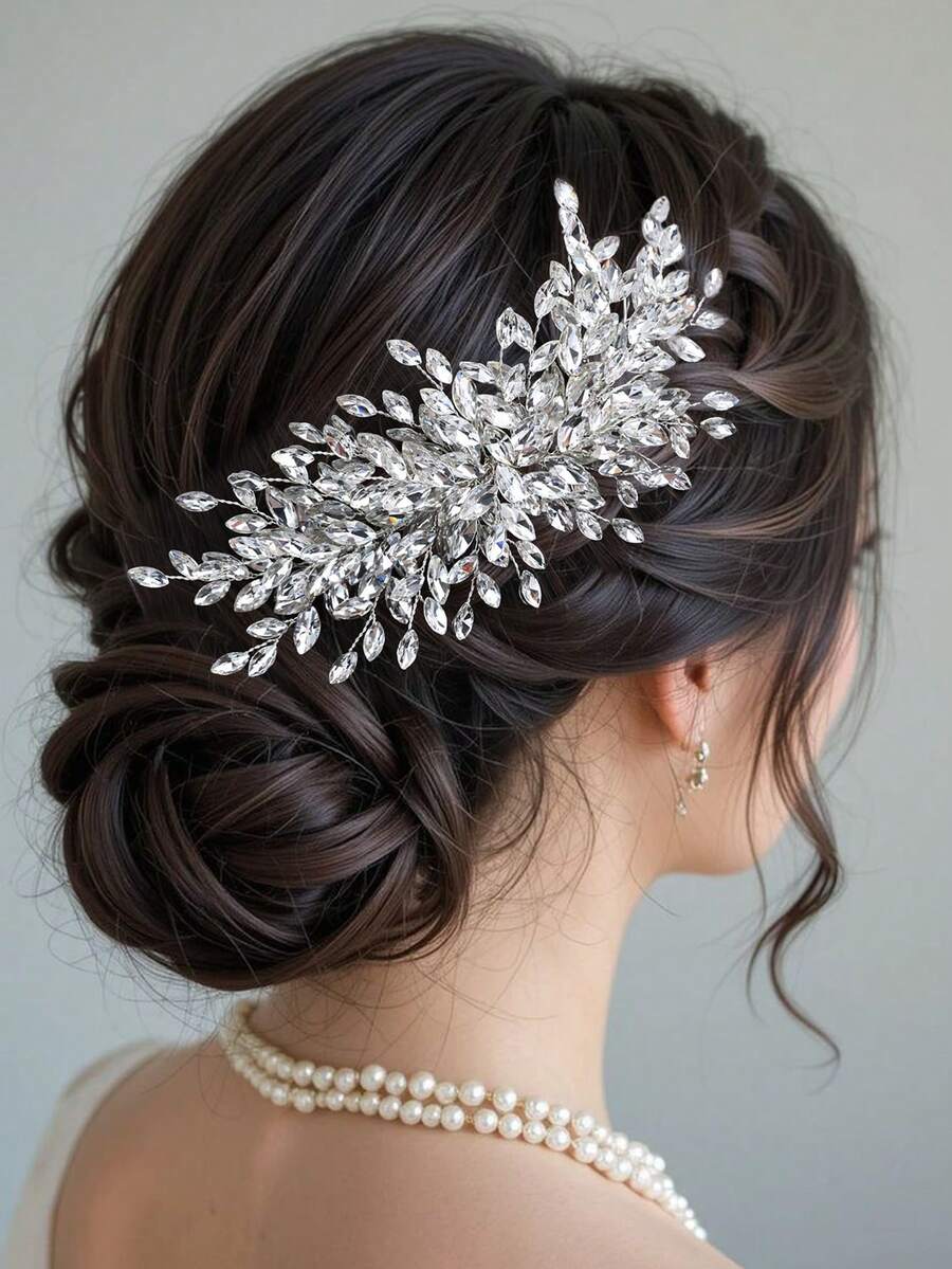 1pc Elegant Silver Crystal Leaf Handmade Bridal Hair Comb, Teardrop Transparent Crystal Bead Decor, Wedding Bride Bridesmaid Party Accessory - Silver - View 1