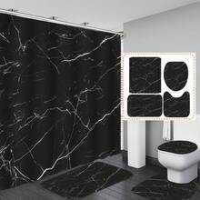 Bộ 4 món đơn giản, sang trọng, họa tiết vân đá cẩm thạch, gồm rèm tắm, thảm tắm, thảm chữ U và tấm phủ bồn cầu, 12 móc nhựa, kích thước 71*71 inch. - A - Xem 2