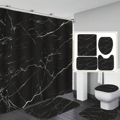 4pcs Simple Light Luxury Marble Texture Shower Curtain Set, Shower Curtain&Shower Mat&U Mat&Toilet Cover Mat, 12 Plastic Hooks, 71*71 Inches