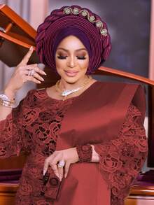 1pc Royal Blue Satin Braided Gele Turban For Women, Rhinestone Embellished African Headwrap For Wedding & Party Occasions - A - 查看 8