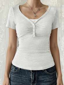 Áo nữ tay ngắn cổ chữ V ôm sát, gợi cảm phong cách Y2K, thích hợp mặc thường ngày. - Hoa trắng xám - Xem 9