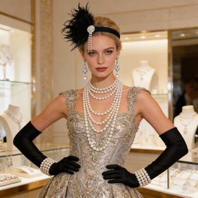 Juego de 5 accesorios de chica flapper de los años 20: diadema de plumas y perlas, aretes de cristal y perlas, collar de perlas de múltiples hilos, guantes de satén, pulsera de perlas para fiesta de los años 20, disfraz de Halloween, baile de graduación