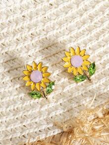 1 Pair Fashionable High-End Elegant Sweet Fresh Floral & Sunflower Stud Earrings, Suitable For Daily Wear And Vacation - Yellow - View 3
