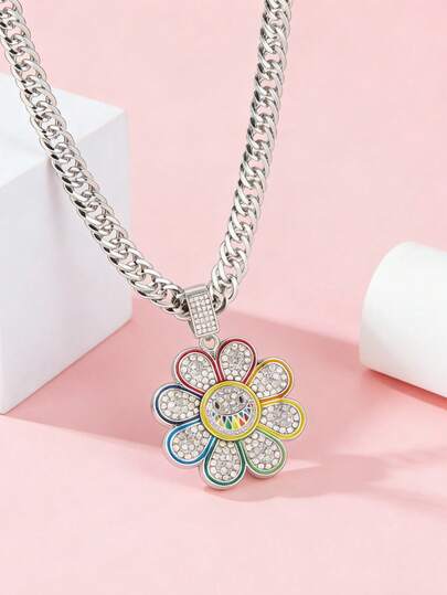  Iced Out Rainbow Sunflower Cuban Link Chain Necklace, Hip Hop Diamond Pendant For Women, Streetwear Jewelry