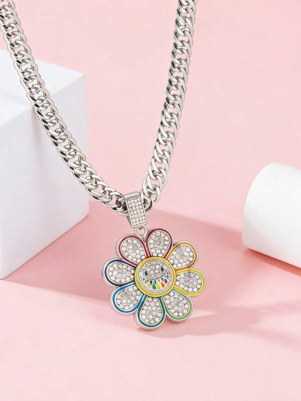 Collar con cadena cubana con diamantes y colgante de girasol arcoíris, joyería de hip hop con diamantes para mujer, joyería de uso diario