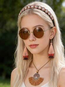 Bohemian Tassel Pendant Necklace, Fashionable Retro Fan-Shaped Necklace Jewelry, Hippie Set - Multicolor - View 1