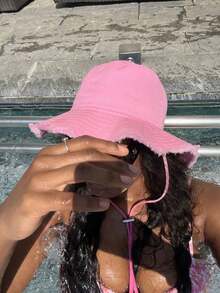 女士抽绳饰边渔夫帽，可调节下巴带设计，做旧效果，柔软面料，防晒防风，时尚百搭，适合旅行、海滩、度假、日常休闲穿着 - 彩色 - 查看 2