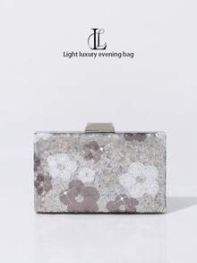 Women's Floral Sequin Evening Clutch Bag, Silver Glitter Square Box Bag, Wedding Party Prom Crossbody Bag (Random Pattern) - Silver - View 3