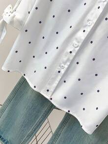 女士七分袖波点衬衫，翻领设计，袖口系带，百搭休闲商务风，适合办公室、通勤、居家及日常穿着，春夏秋季皆宜。 - 白色 - 查看 9