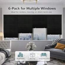 6 Pack Temporary Shades Pleated Paper Blinds For Indoor Windows Cut To Size Adhesive Paper Shades No Tools No Drilling For Office Bedroom Living Room 48" W X 72" H Black - Black - View 2