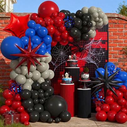 Bộ 134 bóng bay trang trí hình nhện, bao gồm bóng bay hình ngôi sao và ngôi sao nổ bằng giấy bạc, cùng với bóng bay cao su màu đen, đỏ, xanh dương và xám. Hoàn hảo cho các bữa tiệc sinh nhật, trang trí trò chơi, tiệc ngoài trời và trang trí tiệc theo chủ đề anime/siêu anh hùng.
