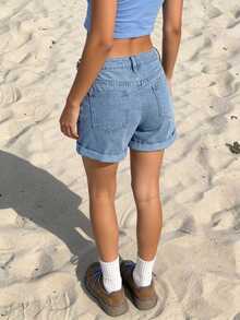 斜口袋休闲卷边休闲牛仔短裤 - 淺色水洗藍 - 查看 4