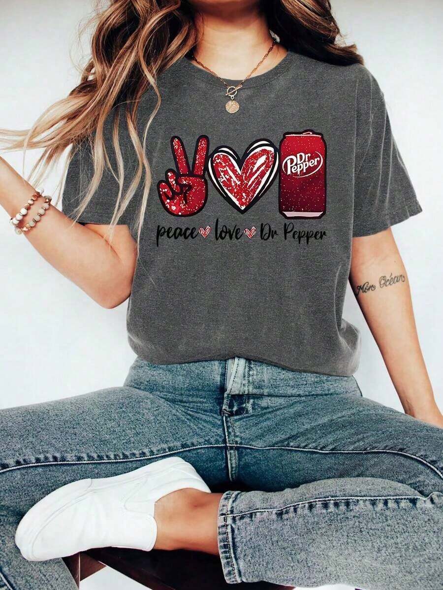 2026 Cartoon Letter Graphic Print T Shirt, Short Sleeve Crew Neck Casual Top For Summer & Spring, Women' T-Shirt.Spring - 深灰色 - 查看 1