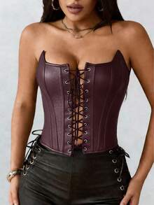 Apperloth A 性感过胸束身胸衣 PU 皮革带骨露脐抹胸上衣 女士系带前开后露背塑身衣 万圣节服装 感恩节服装 - 棗紅色 - 查看 4