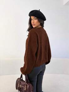 Women's Plain Knit Cardigan With Puff Sleeves, Autumn/Winter Style - Rust Brown - View 2