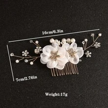 1pc Handmade Ceramic Flower & Leaf Faux Pearl Beaded Elegant Hair Comb, Suitable For Wedding, Daily Wear, Vacation - Gold - View 3