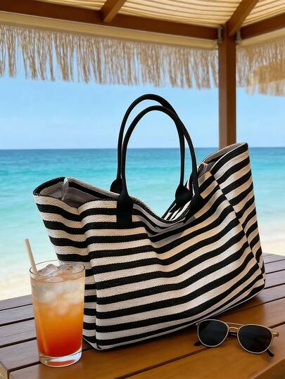 Large Capacity Black & White Striped Beach Tote Bag, Foldable Canvas Shoulder Bag, Waterproof & Sand-Proof Travel Bag, Suitable For Summer Essentials, Perfect For Beach Travel, Swimming, Shopping And Daily Use, Suitable For Women, Travelers And Beach Lovers, Great For Spring Break, Easter, Mother's Day, Vacation And Gifts, Durable Woven Material, Can Be Used As Beach Bag, Shopping Bag And Travel Companion