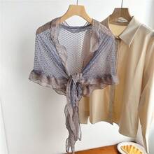 1pc Vintage Style Gray & Blue Lace Trim Mesh Scarf, Asymmetrical Shaped Silk Scarf, Suitable For Spring, Summer And Autumn - Multicolor - View 1