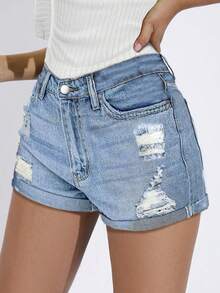 Teen Girls Straight Casual Fashionable Ripped Denim Shorts, Slim Fit - Light Wash - View 3