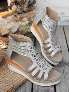 Casual Hemp Rope Woven Wedge Heel Roman Sandals, Silver Geometric Ruffled Open Toe Sandals For Women - Silver - View 6
