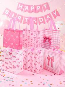 12 Stück/6 Stück rosa Schleifen Geschenktüten - Vliesstoff Geschenktüten und Einkaufstüten; geeignet für Geschenkverpackung bei Geburtstagsfeiern, Schleifen-Themen-Partys, Hochzeiten, Jahrestagen, Abschlussfeiern, Junggesellinnenabschiede und Muttertag - Einheitsgröße - Übersicht 6