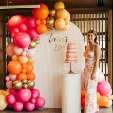 104件套粉色和橙色气球拱门套装，亮粉色、橙色、桃色气球花环，紫红色乳胶气球，适用于婴儿派对、生日、婚礼、热带夏威夷海滩、火烈鸟日落派对装饰 - 彩色 - 查看 6
