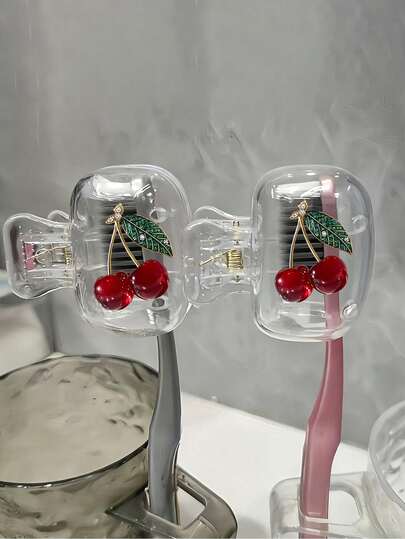 2Pcs Light Luxury Cherry-Shaped Toothbrush Holder Set, Compatible With Various Travel Case Sizes, Featuring Ventilation Holes To Keep Brush Heads Clean And Dry, Clear Dustproof Toothbrush Cover, Reachable Travel Toothbrush Protector Case For Women & Girls, Portable Hygienic Brush Cap, Aesthetic Kawaii Bathroom Accessory For Bathroom, Travel, Daily Use, Transparent Clip-On Brush Protector, Ideal For Home And Travel Use