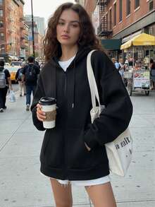 Áo khoác nỉ nữ dáng rộng, màu xanh navy, khóa kéo, có mũ, túi, dây rút, hàng mới về, thích hợp cho mùa Thu/Đông. - màu đen - Xem 6