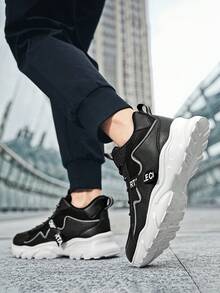 Men's Black And White Sneakers With Chunky EVA Sole Wave Design Side Logo Stylish Athletic Shoes For Modern Urban Look Streetwear Fashion Casual Wear - Đen và trắng - Xem 4