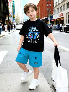 8-12 Years Old Boys' Street Style Outfit, Black Cartoon Digital Print Short Sleeve Tee + Light Blue Multi-Pocket Cargo Shorts, Breathable Soft Wrinkle-Resistant, Suitable For School, Outdoor Play, Weekend Outings - Blue - View 2