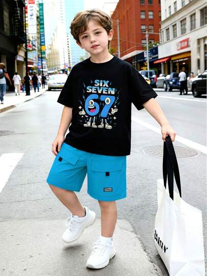 8-12 Years Old Boys' Street Style Outfit, Black Cartoon Digital Print Short Sleeve Tee + Light Blue Multi-Pocket Cargo Shorts, Breathable Soft Wrinkle-Resistant, Suitable For School, Outdoor Play, Weekend Outings