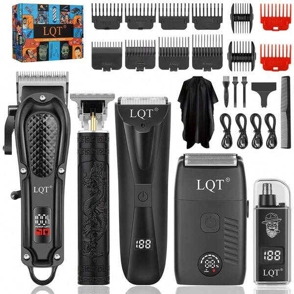  LQT 男士理容工具套装（5件/3件/1件） - 无绳理发器、胡须修剪器、体毛修剪器、电动鼻毛/耳毛修剪器和电动剃须刀，一套完整的理发、胡须、鼻毛和私处毛发修剪工具，USB充电，配件齐全，是节日和父亲节的理想礼物。